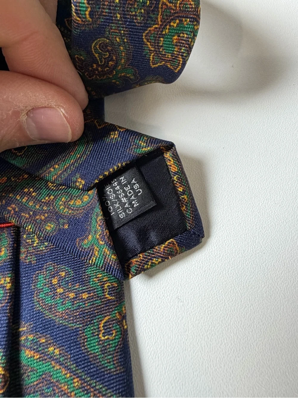J. Crew Hand Made in USA 100% Silk Navy Paisley Silk Tie Green and Gold Motif